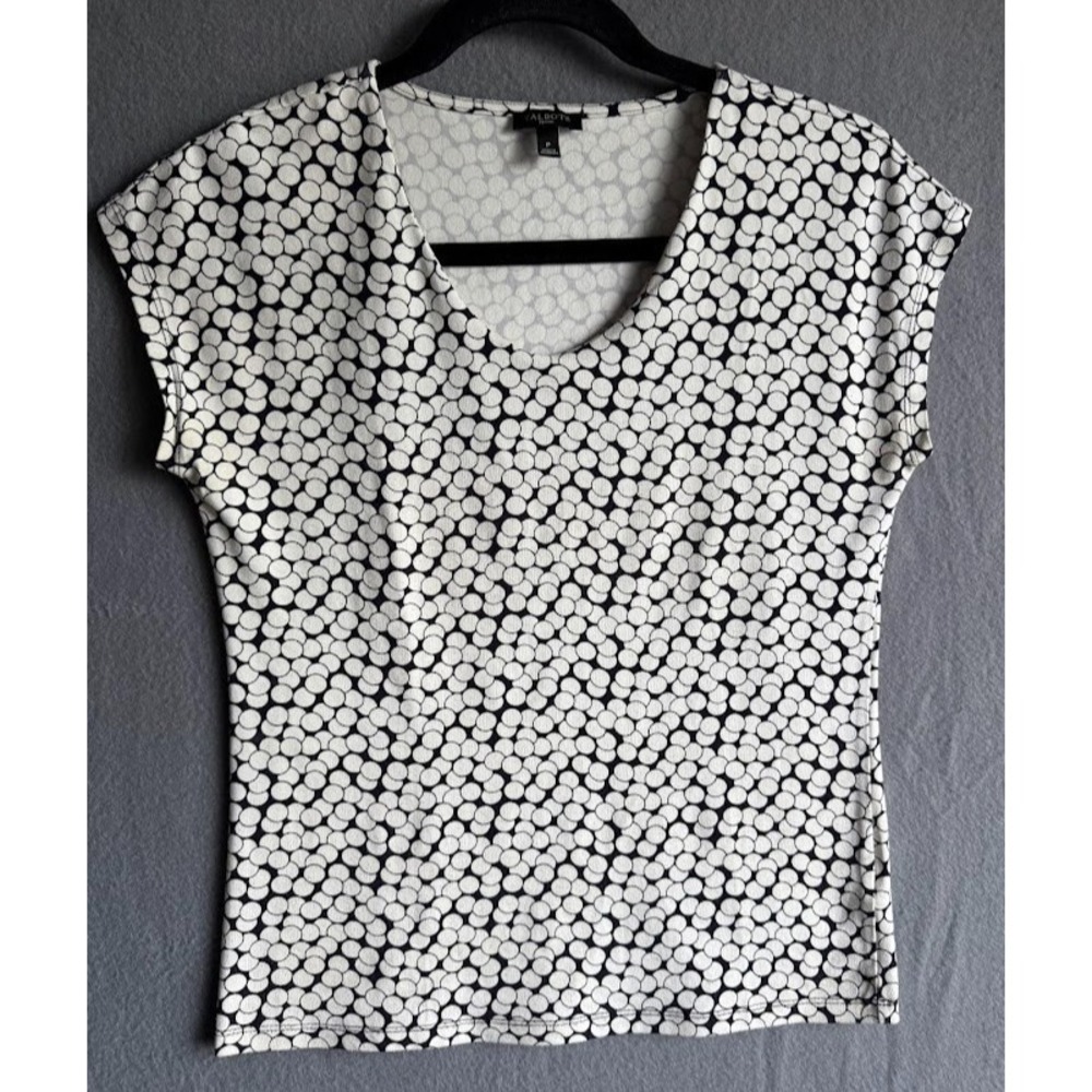 Talbots Shirt Women Petite Black‎ Polka Dot V Neck Sleeveless Lightweight Casual